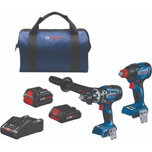BOSCH GXL18V-260B26 18V 2-Tool Combo Kit with 1/2 In. Hammer Drill/Driver, 1/4 In. and 1/2 In. Two-In-One Bit/Socket Impact Driver, (1) CORE18V 8 Ah Battery and (1) CORE18V 4 Ah Battery