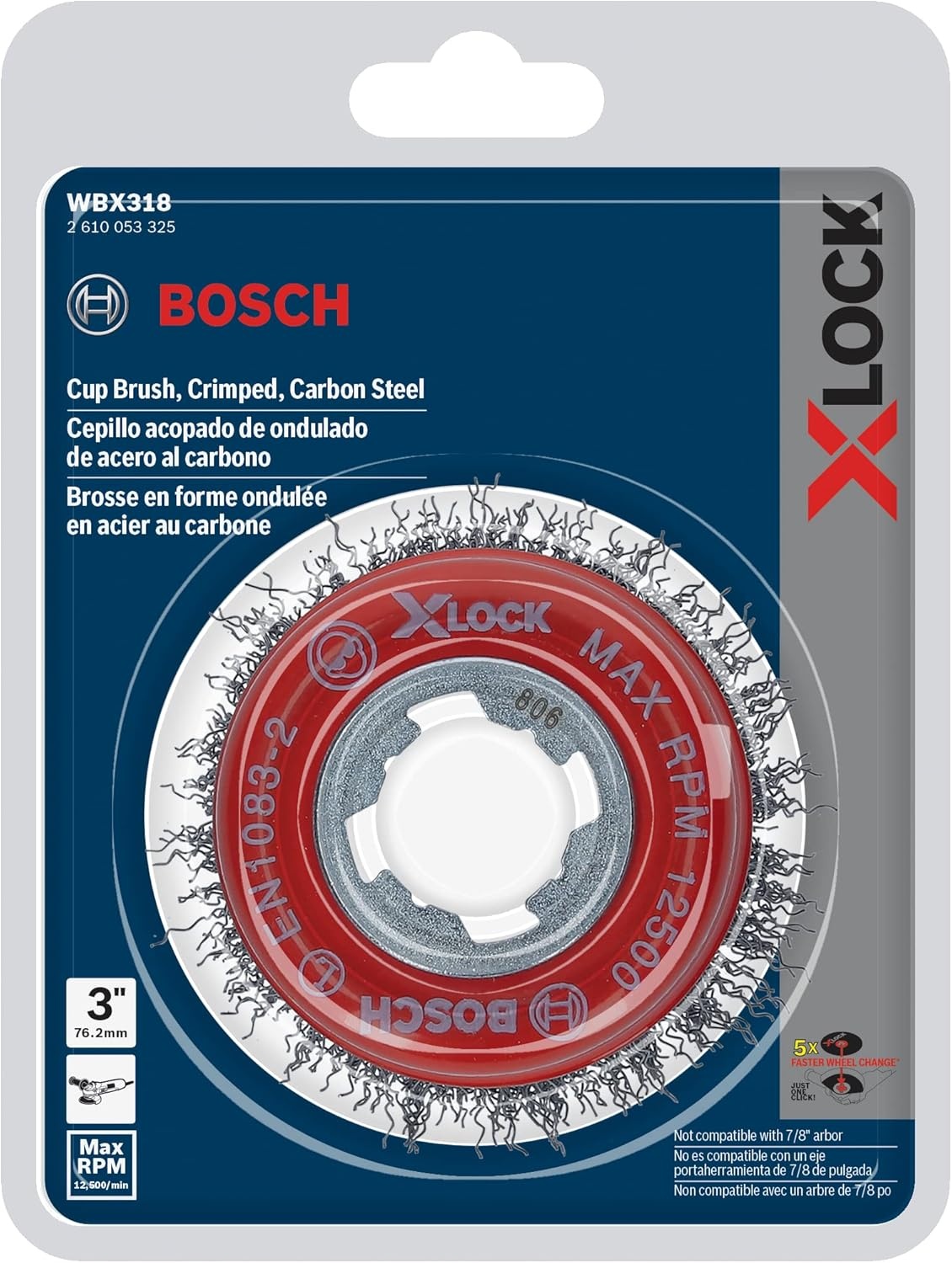 image:imageBOSCH WBX329 3 in XLock Arbor Stainless Steel Knotted Wire Single Row Cup Brush for Applications in Removing Weld Scale Burrs and Corrosion Preparing Painting SurfacesCarbon Steel Wire Cup Brush