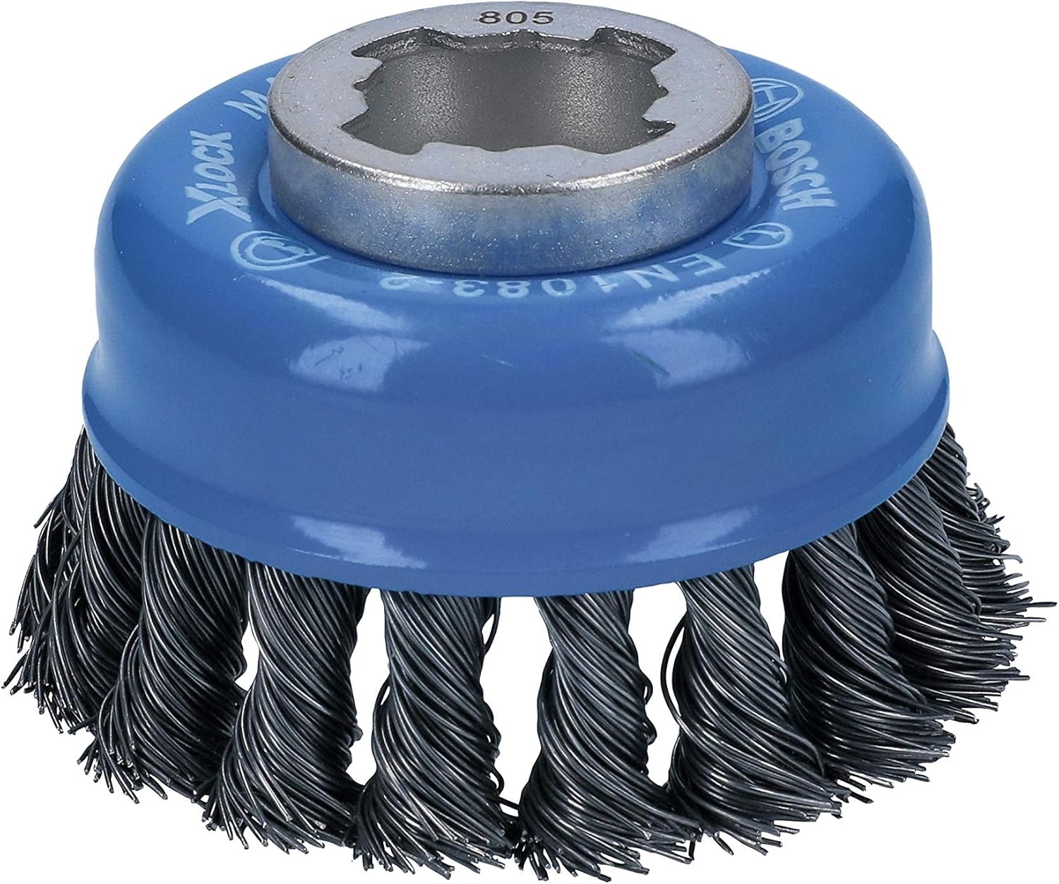 image:imageBOSCH WBX329 3 in XLock Arbor Stainless Steel Knotted Wire Single Row Cup Brush for Applications in Removing Weld Scale Burrs and Corrosion Preparing Painting SurfacesCarbon Steel Wire Cup Brush