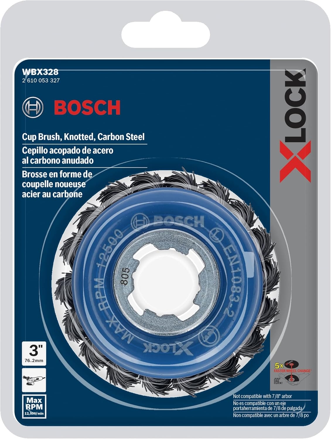 image:imageBOSCH WBX329 3 in XLock Arbor Stainless Steel Knotted Wire Single Row Cup Brush for Applications in Removing Weld Scale Burrs and Corrosion Preparing Painting SurfacesCarbon Steel Wire Cup Brush