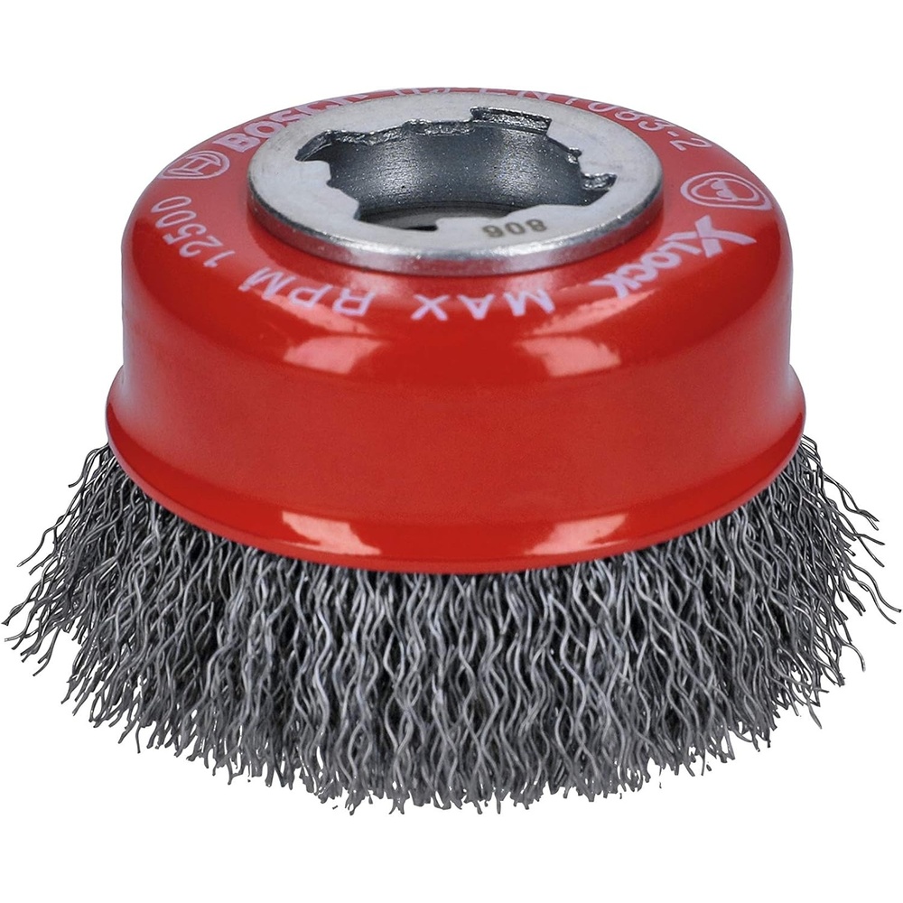 image:imageBOSCH WBX329 3 in XLock Arbor Stainless Steel Knotted Wire Single Row Cup Brush for Applications in Removing Weld Scale Burrs and Corrosion Preparing Painting SurfacesCarbon Steel Wire Cup Brush