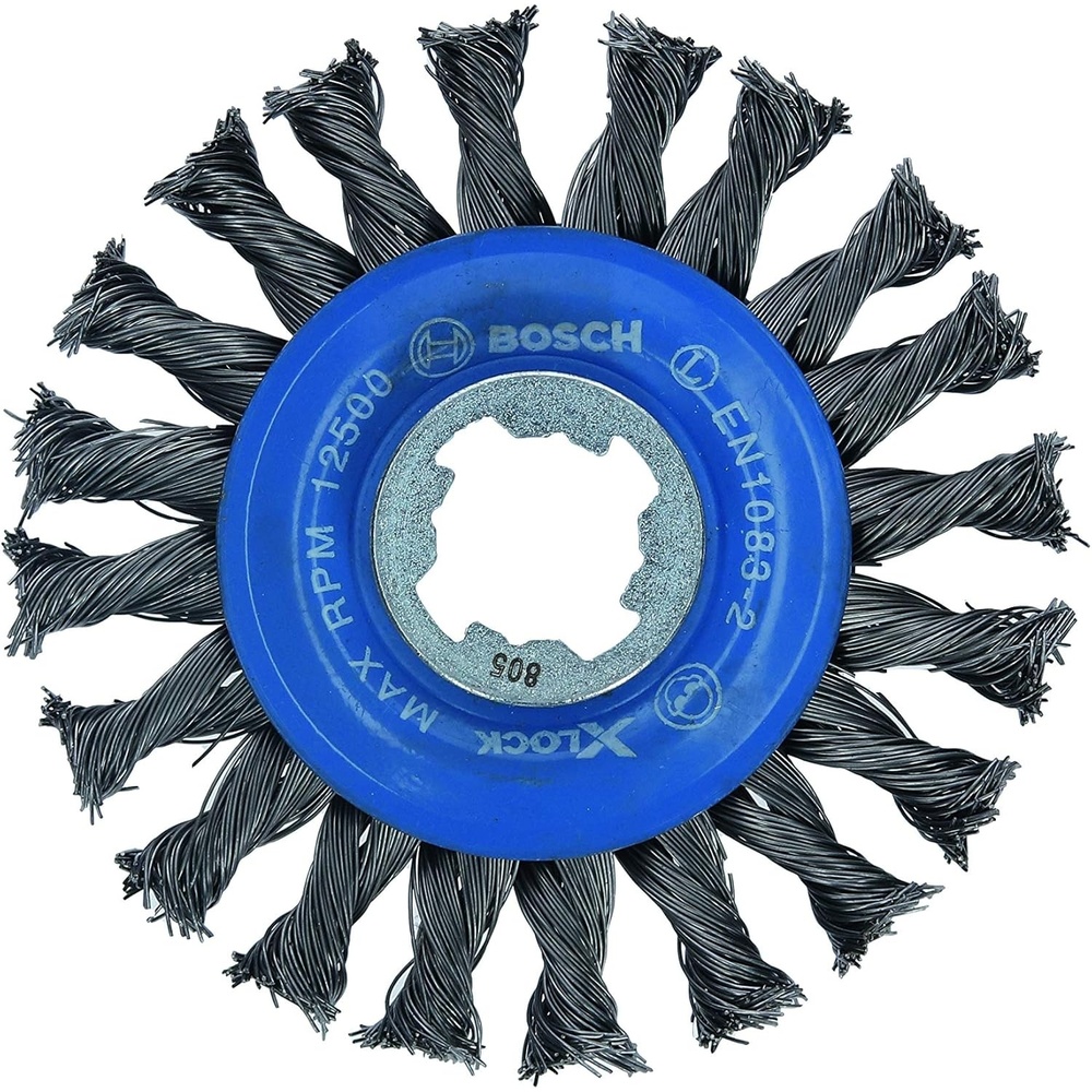image:imageBOSCH WBX329 3 in XLock Arbor Stainless Steel Knotted Wire Single Row Cup Brush for Applications in Removing Weld Scale Burrs and Corrosion Preparing Painting SurfacesCarbon Steel Wire Wheel