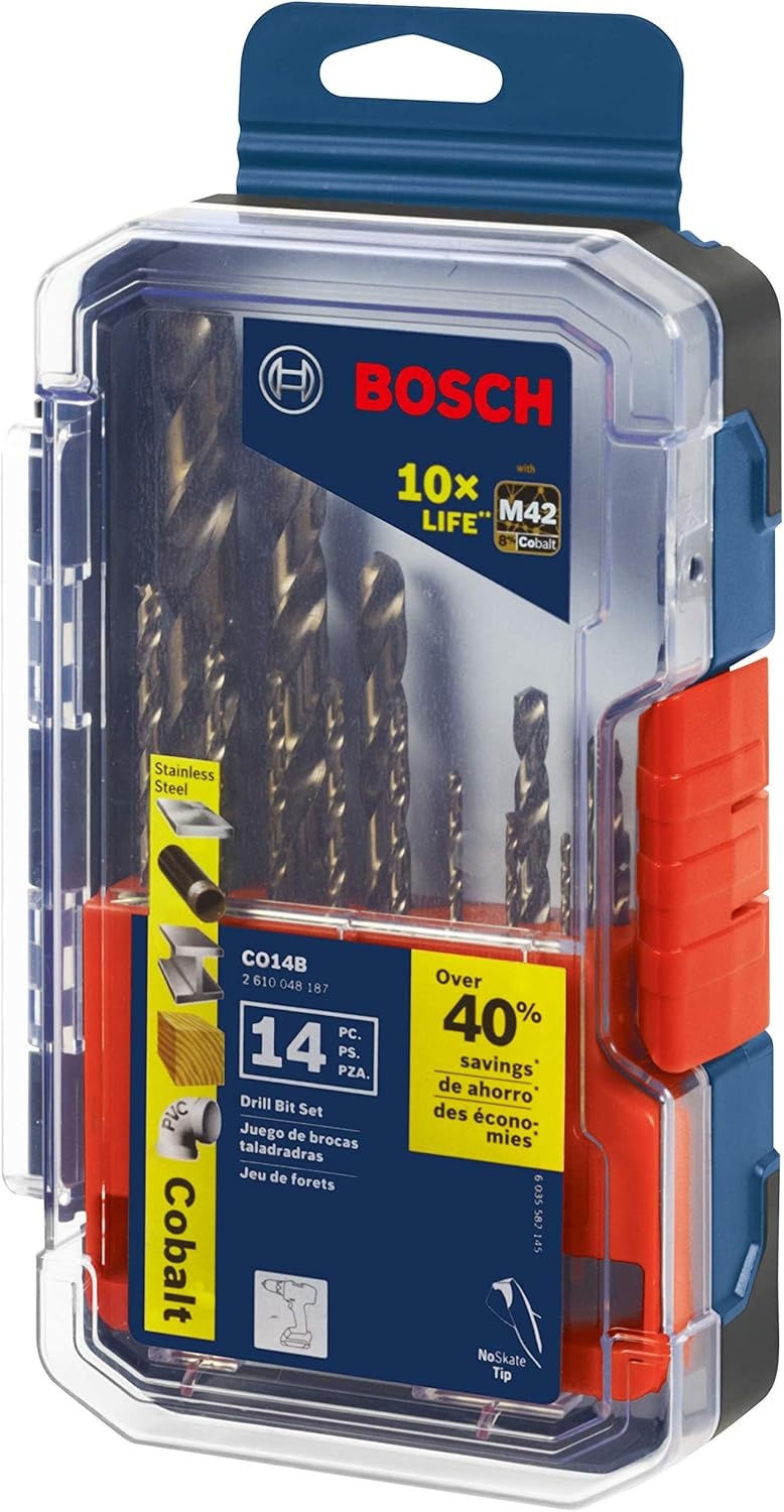 image:imageBOSCH CO14B 14Piece Assorted Set with Included Case Cobalt M42 Metal Drill Bits with ThreeFlat Shank for Drilling Applications in Stainless Steel Cast Iron Titanium and LightGauge Metal14Piece Drill Bit Set