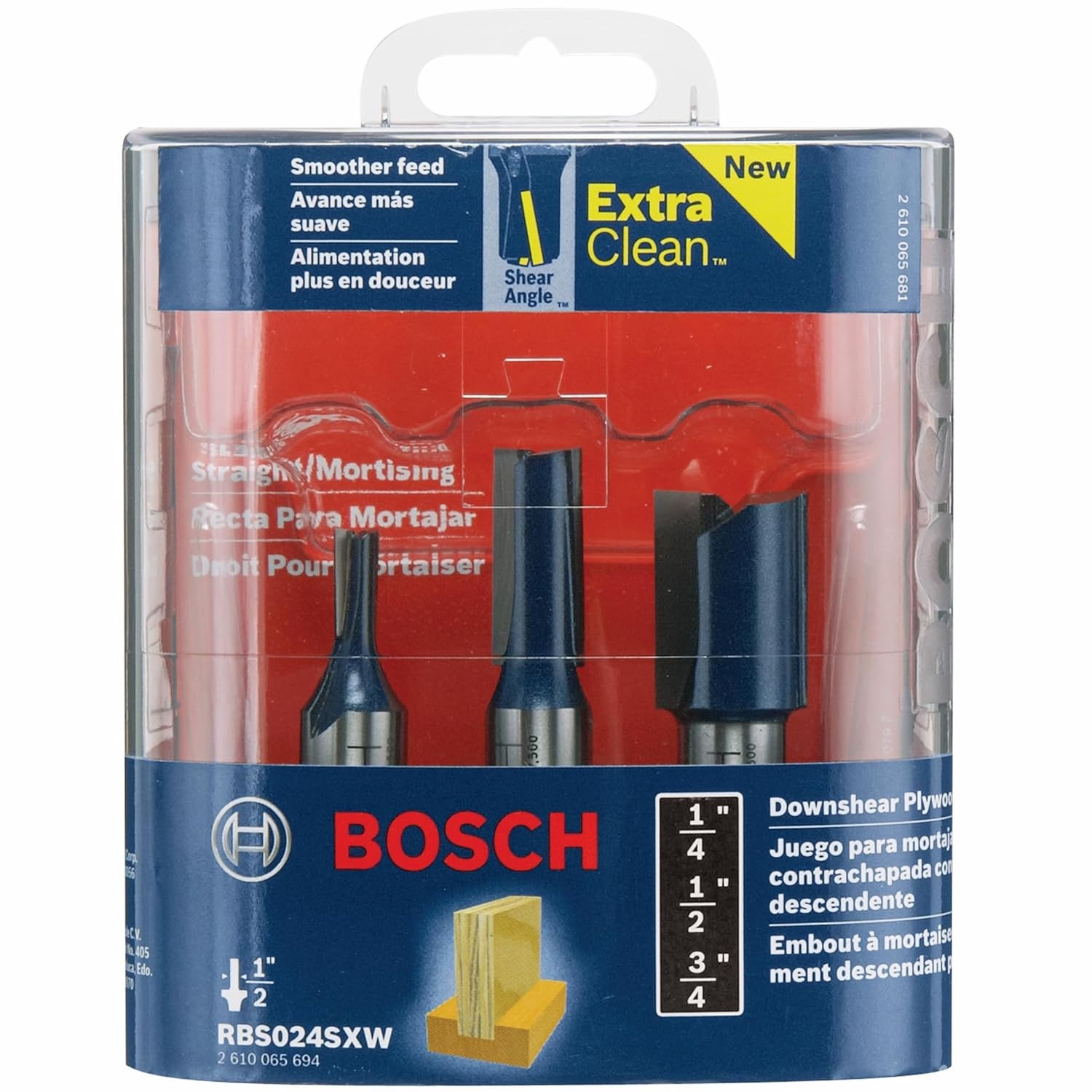 image:imageBOSCH RBS024SXW 3Piece Assorted Set CarbideTipped Down Shear Plywood Mortising Router Bits Ideal for Applications in StandardSize Plywood
