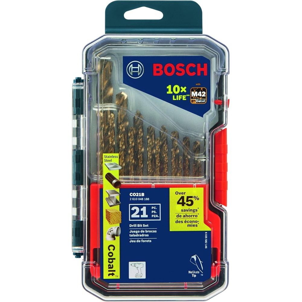image:imageBOSCH CO14B 14Piece Assorted Set with Included Case Cobalt M42 Metal Drill Bits with ThreeFlat Shank for Drilling Applications in Stainless Steel Cast Iron Titanium and LightGauge Metal21Piece Drill Bit Set