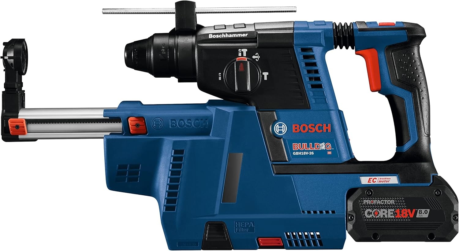 image:imageBOSCH GBH18V26K24AGDE Brushless SDSplus Bulldog 1 In Rotary Hammer Kit with DustCollection Attachment and 2 CORE18V 80 Ah PROFACTOR Performance Batteries