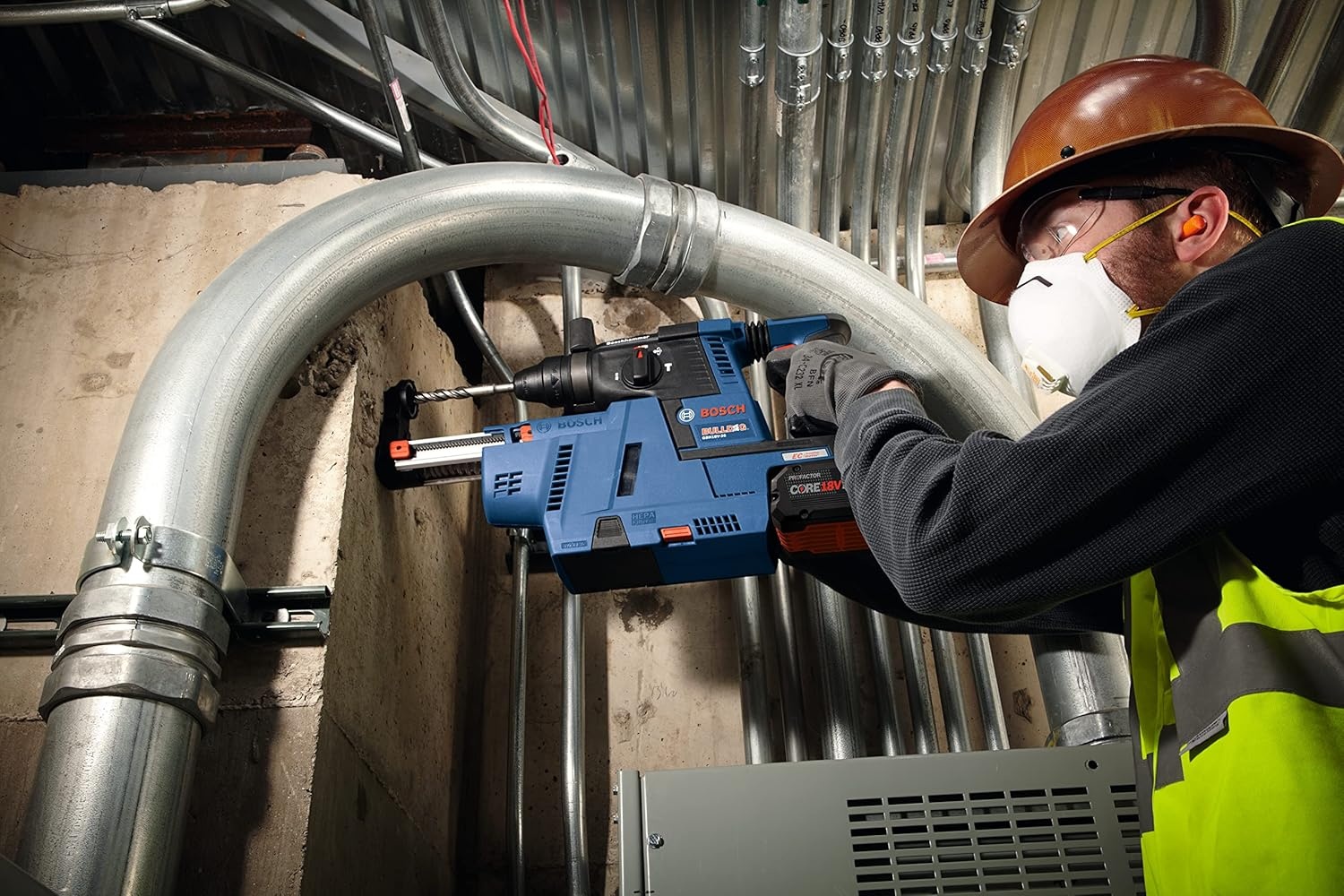 image:imageBOSCH GBH18V26K24AGDE Brushless SDSplus Bulldog 1 In Rotary Hammer Kit with DustCollection Attachment and 2 CORE18V 80 Ah PROFACTOR Performance Batteries