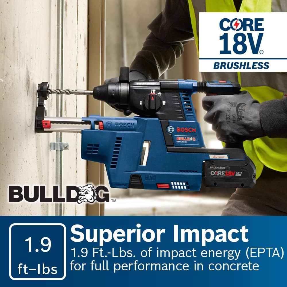 image:imageBOSCH GBH18V26K24AGDE Brushless SDSplus Bulldog 1 In Rotary Hammer Kit with DustCollection Attachment and 2 CORE18V 80 Ah PROFACTOR Performance Batteries