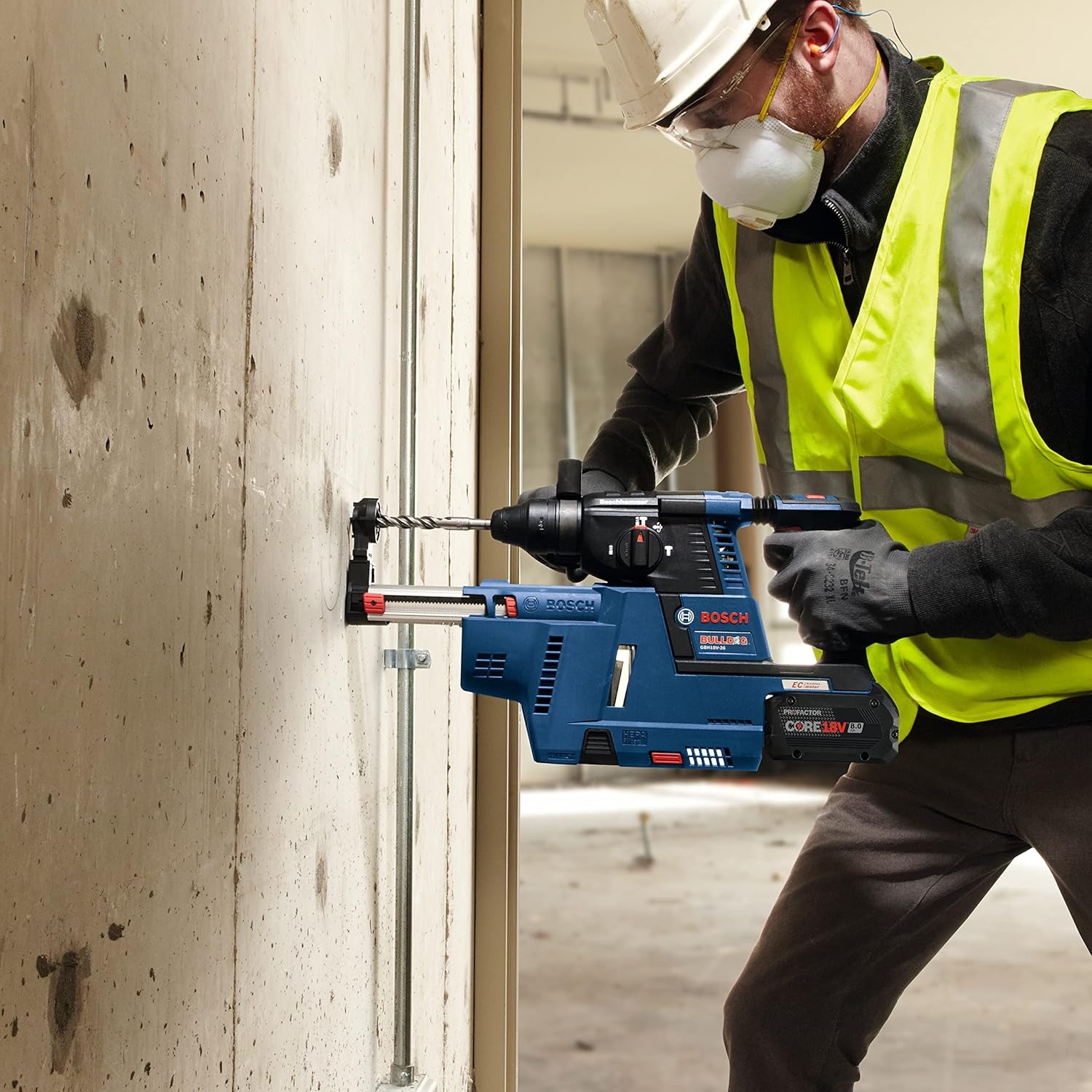 image:imageBOSCH GBH18V26K24AGDE Brushless SDSplus Bulldog 1 In Rotary Hammer Kit with DustCollection Attachment and 2 CORE18V 80 Ah PROFACTOR Performance Batteries