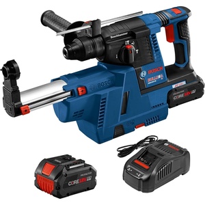 BOSCH GBH18V-26K24AGDE Brushless SDS-plus Bulldog 1 In. Rotary Hammer Kit with Dust-Collection Attachment and (2) CORE18V 8.0 Ah PROFACTOR Performance Batteries