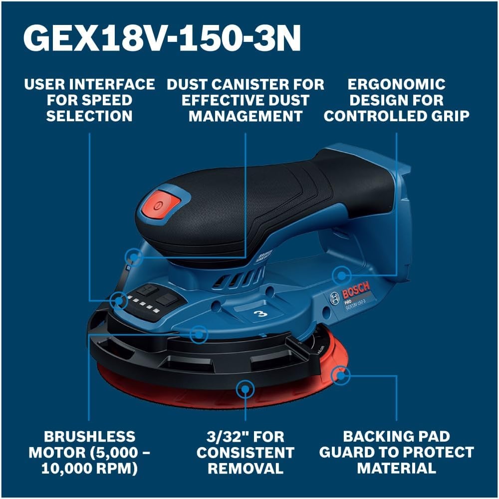 image:imageBOSCH GEX18V1503N 18V Random Orbit Sander 6 Inch Cordless Sander for Woodworking Fine Finish Sander with Variable Speed Brushless Motor Bare Tool