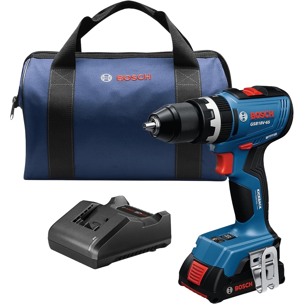 image:imageBOSCH Cordless Drill GSB18V65B12 12 In Brushless Hammer DrillDriver Kit 575 InLbs Max Torque Switchable KickBack Control Rapid Mode Selector LED Worklights Battery amp Charger Kit Included 12V Battery 12in Chuck Brushless Motor Hammer Function Cordless Operation Reconditioned Tool